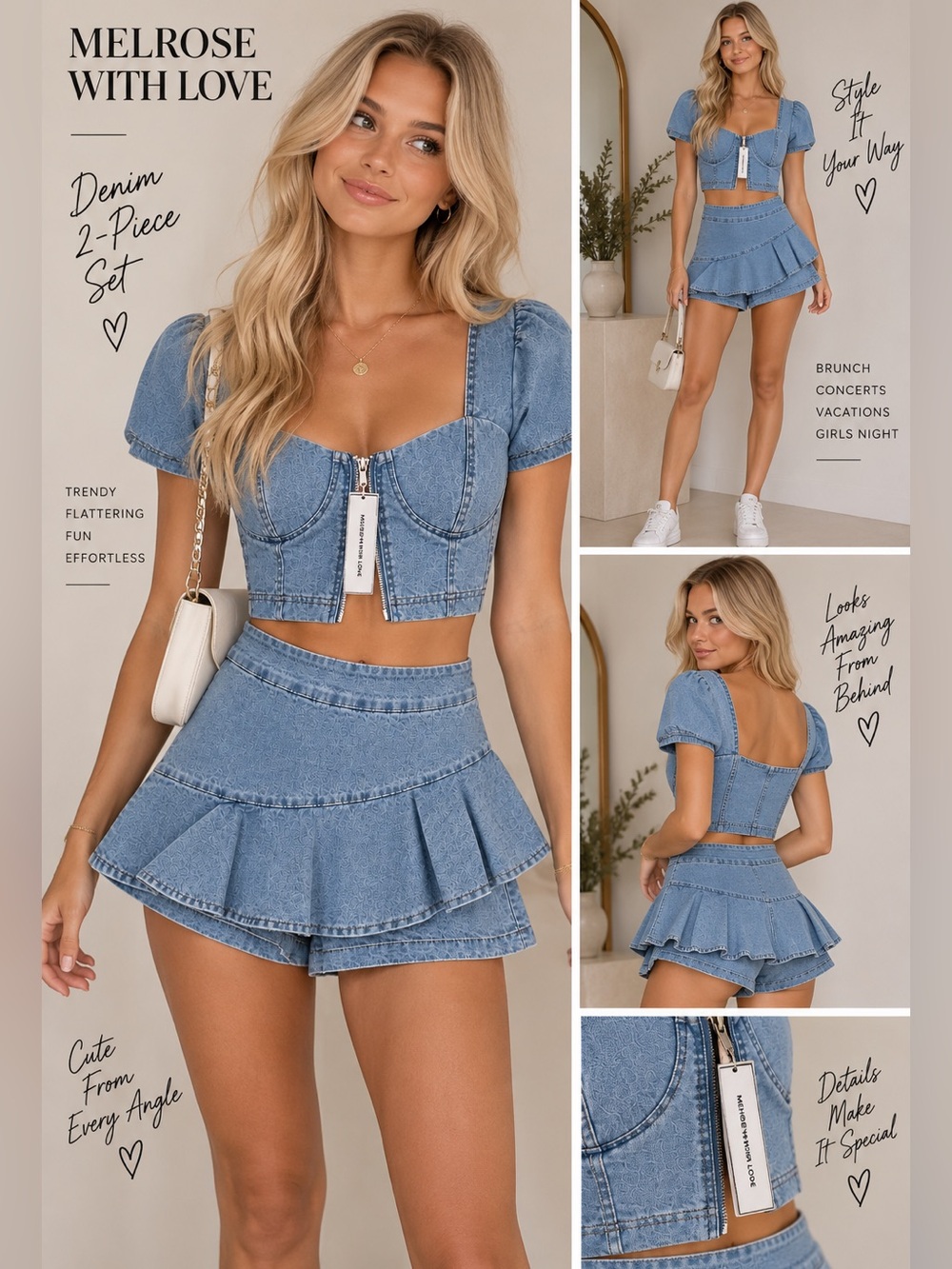 Melrose With Love Denim 2-Pc Corset Top & Ruffle Skort Set XS/S